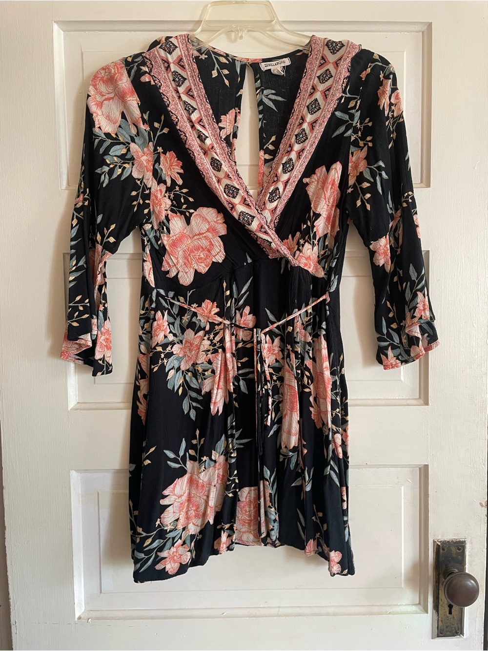 Billabong Black Floral Wrap Dress with Pink Blooms